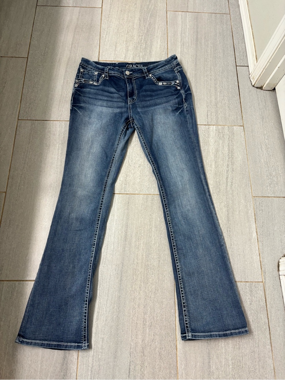 Grace in LA Cowgirl Bootcut Jeans Embroidered Cow Longhorn Blue 32